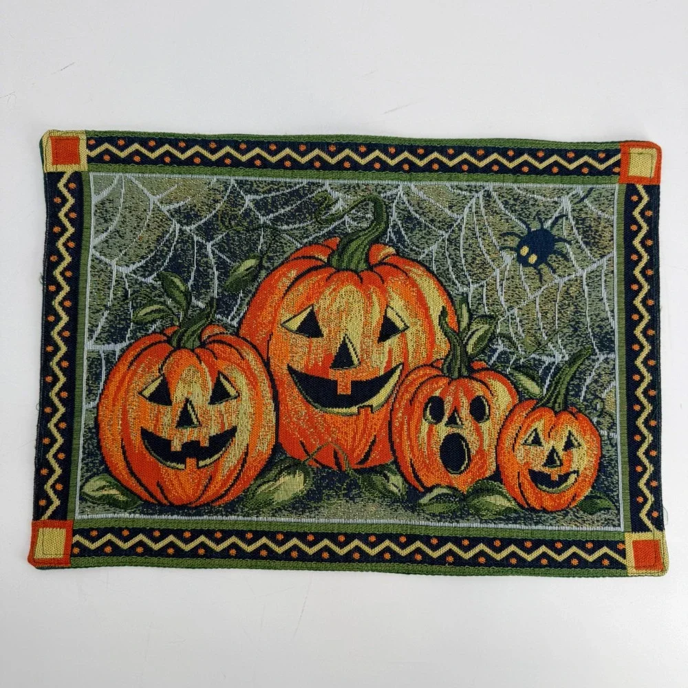 Vintage Halloween Pumpkin Jack-O-Lantern Tapestry Placemats Set of 4 Spiderweb